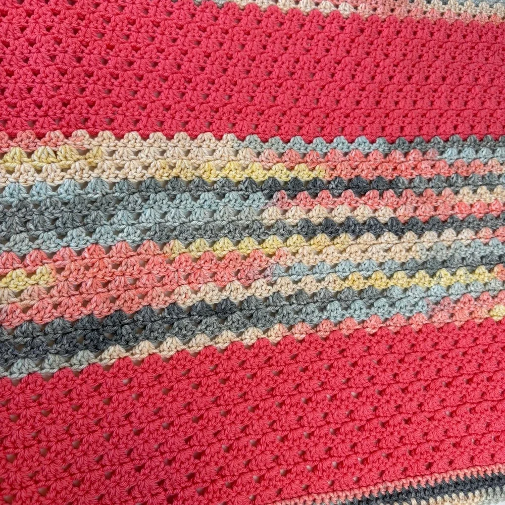 Handmade Crochet Baby Blanket Pink Grey Yellow Striped Granny Stitch 36x42